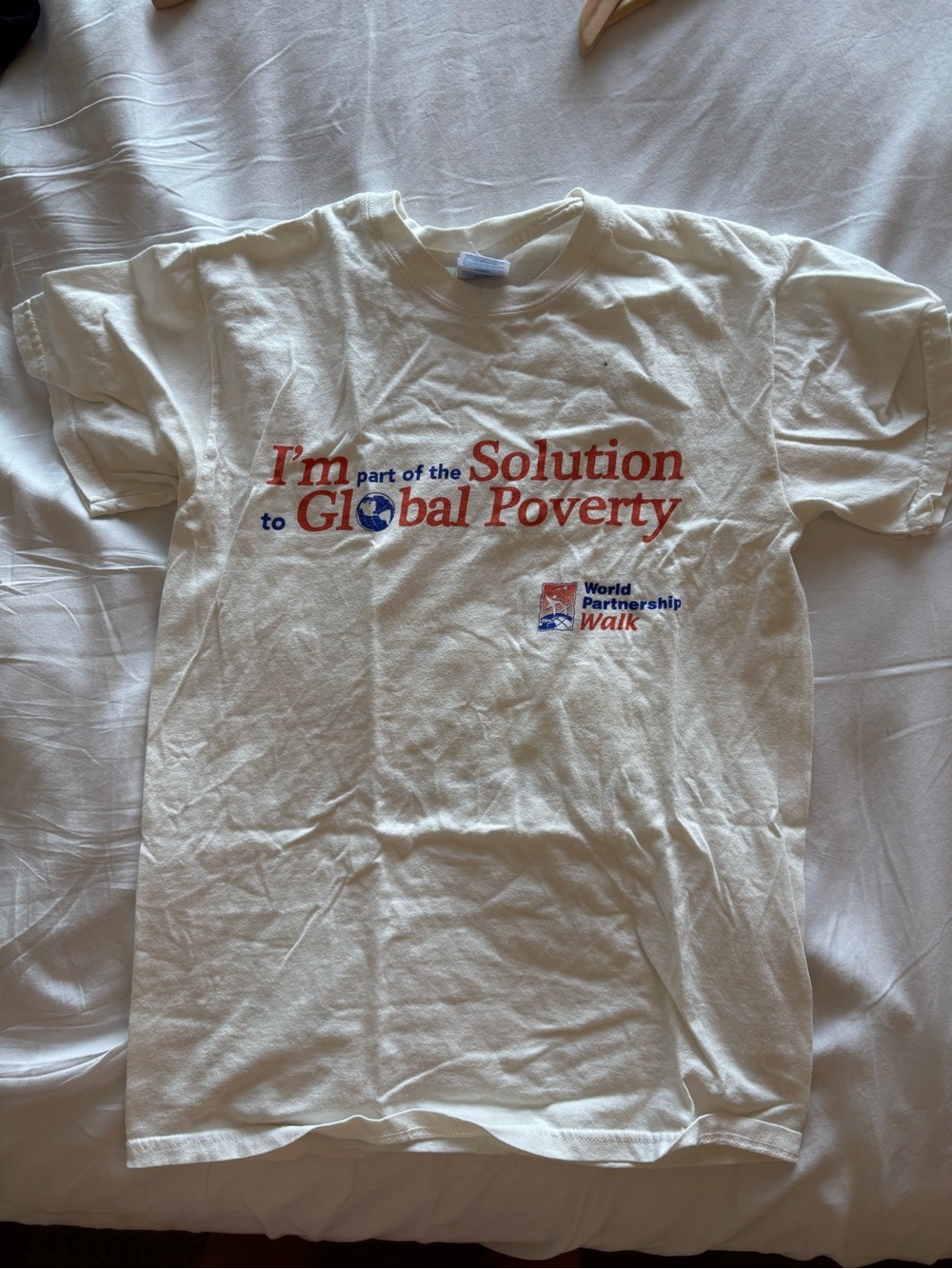 Gildan Cream Short Sleeve Tee with Red & Blue 'Solution to Global Poverty' Print